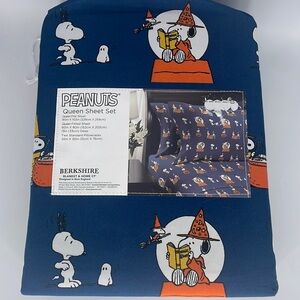 Snoopy Halloween Navy Blue Queen Sheet Set Fall Pumpkin Peanuts Berkshire NEW